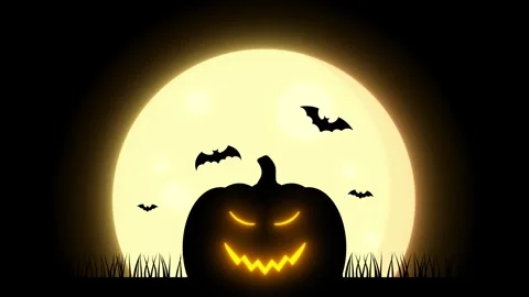 Pumpkin halloween animated silhouette in front of big full moon with flying.. Stock Footage 346704456