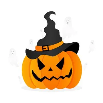Pumpkin for halloween. pumpkin in witch hat smiling with flying ghosts. Vec.. Stock Illustration