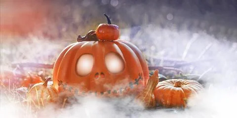Pumpkin head Jack-o'-lantern close-up and orange autumn pumpkins, still life in Stock Photos