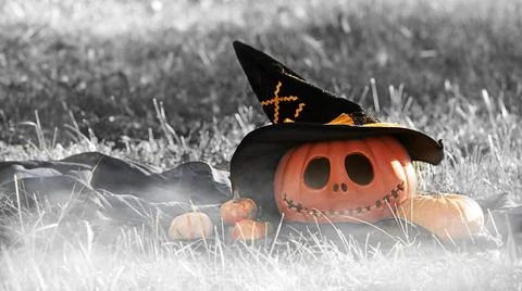 Pumpkin head Jack-o'-lantern close-up and orange autumn pumpkins, still life in Stock Photos
