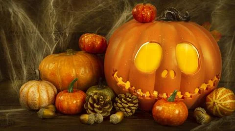 Pumpkin head Jack-o'-lantern and different small pumpkins, cones, acorns and Stock Photos