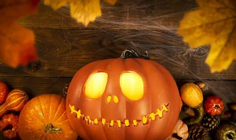 Pumpkin head Jack-o'-lantern and different small pumpkins, cones, acorns and Stock Photos