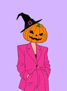 Pumpkin Head Witch in Pink Suit Stock Illustration