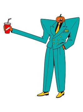 Pumpkin Headed Man in a Teal Suit Holding a Soda Stock Illustration