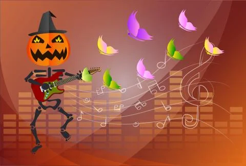 Pumpkin-headed skeleton, playing guitar. Illustrazione stock
