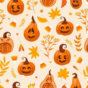 Pumpkin jack lantern seamless pattern for Halloween. Vector cute illustration Stock Illustration