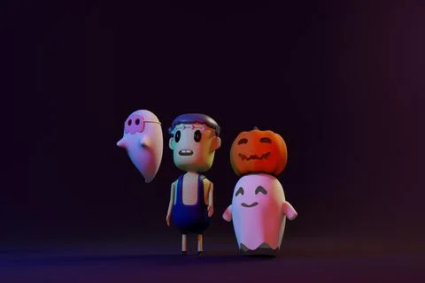 Pumpkin Jack O Lanterns and Ghost on Halloween for background or orther . 3D  Stock Illustration