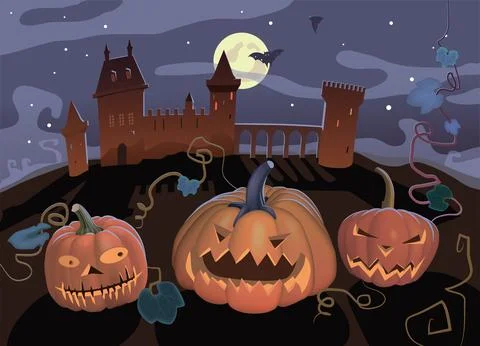 Pumpkin Jack, old castle, full moon. Vector. Illustrazione stock