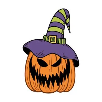 Pumpkin jack witch hat Halloween. Creepy smile face. Autumn scary holiday. Ha Stock Illustration