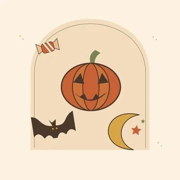 Pumpkin lantern and flying bat illustration. Decorative flat vector compositi Stock Illustration