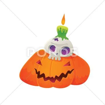 Pumpkin Lantern and Skull Green Candle Stock Illustration
