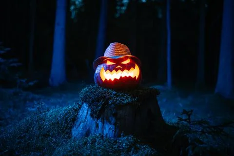 Pumpkin lantern burning in the dark forest on the Halloween holiday. Foto stock