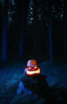 Pumpkin lantern burning in the dark forest the Halloween holiday. Stock Photos
