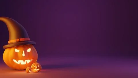 Pumpkin lantern with violet witch hat and purple background. Concept of Hallo Stock Illustration