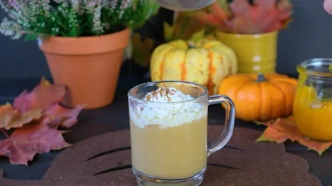 Pumpkin latte. Making a pumpkin latte. Autumn drink. Stock Footage 249108842