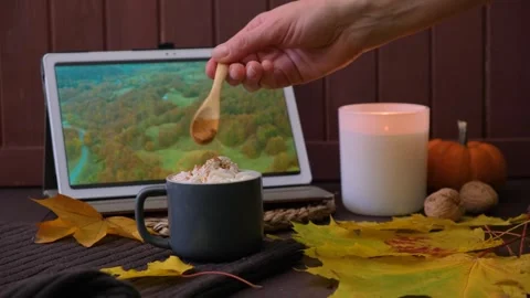 Pumpkin latte. Making a pumpkin latte. Autumn drink. Stock Footage 255409073