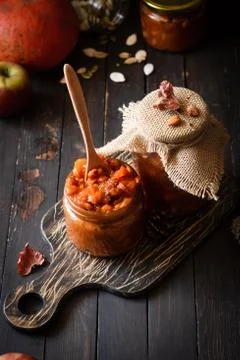 Pumpkin, lemon and apricot kernel jam. Stock Photos