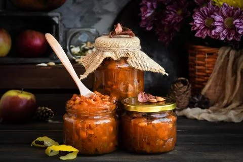 Pumpkin, lemon and apricot kernel jam. Stock Photos