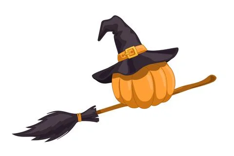 Pumpkin in a magic hat flying on broom Stock Illustration
