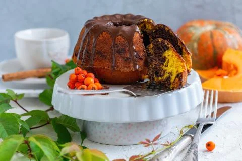Pumpkin marble cake on a stand. Stock Photos