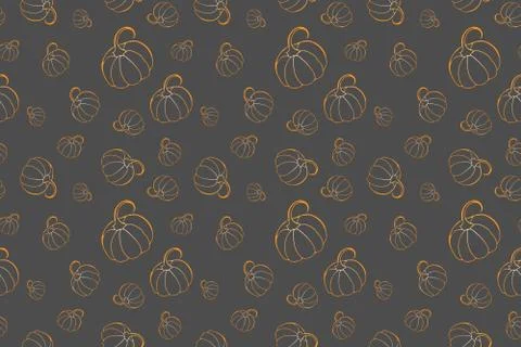 Pumpkin monochrome seamless pattern on elegant grey background. Hand drawn Stock Illustration