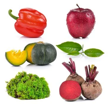 Pumpkin, moss, apple, tea, Beetroot, pepper on white background Stock Photos