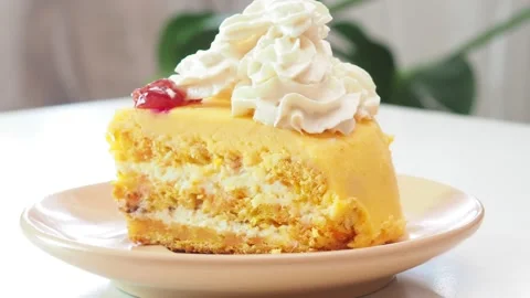 Pumpkin or carrot pie or cake with cream on top Stock Footage 154594011