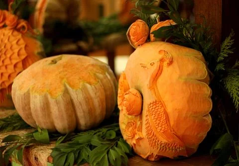Pumpkin orange designed in the form of a beautiful bird with decorated green  Stock Photos