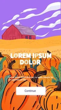 Pumpkin patch autumn scene with barn. Orange pumpkins in foreground field barn Stock Illustration