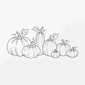 Pumpkin patch illustration, black line art, fall season Silhouette Stock Illustration