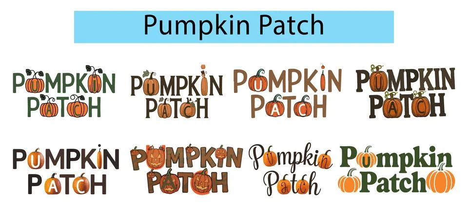Pumpkin Patch logotype typography with pumpkins on a white background Stock Illustration