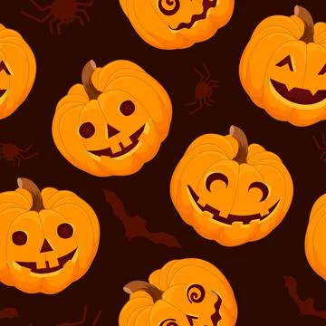 Pumpkin pattern on a dark brown background. Halloween. Vector illustration in a Stock Illustration