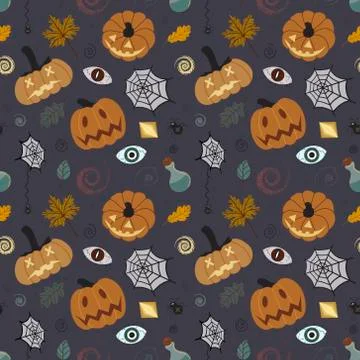 Pumpkin pattern with leaves, cobwebs, spiders Illustrazione stock