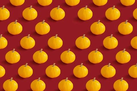 Pumpkin pattern, yellow pumpkins on red background, front view, halloween イラスト素材