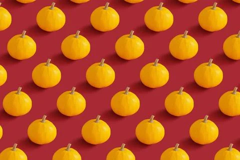 Pumpkin pattern, yellow pumpkins on red background, front view. Autumn, fall Illustrazione stock