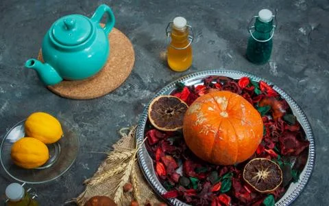 Pumpkin on picnic table in the fall Stock Photos
