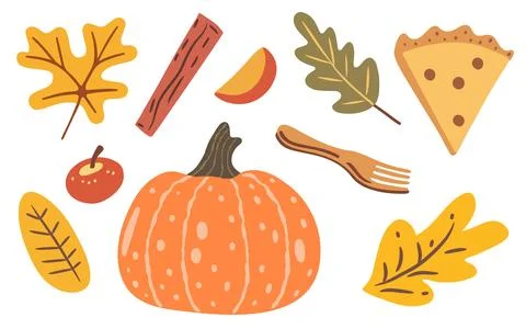 Pumpkin, pie and cinnamon stick, collection of hand drawn doodle illustrations Stock Illustration