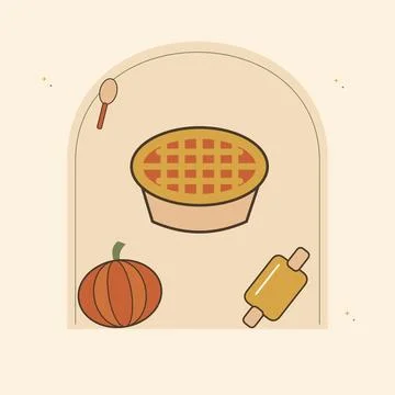 Pumpkin pie and fall baking essentials. Decorative flat vector composition wi Stock Illustration