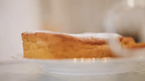 Pumpkin pie presentation. Glass plate with dessert. Warm harvest pumpkin pie on Stock Footage 346391643