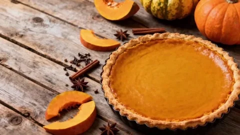 Pumpkin Pie, Rustic wooden table, Traditional autumn food, Thanksgiving desserts Stock Footage 318768031