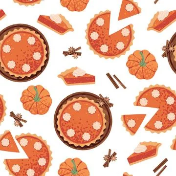 Pumpkin Pie Seamless Pattern Flat Vector. Thanksgiving, Harvest Festival. Repeat Stock Illustration