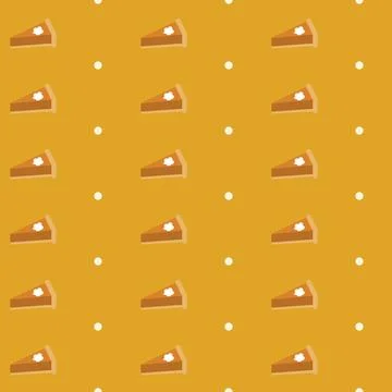 Pumpkin pie slice seamless pattern with whipped cream and white polka dots on Stock Illustration