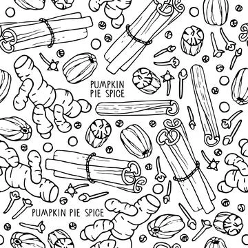 Pumpkin pie spice seamless pattern. Hand drawn Autumn backdrop. Doodle Outline Stock Illustration