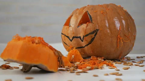 Pumpkin pulp close-up. Pumpkin seeds. Pumpkin in the cut. Autumn Pumpkin Harvest Stock Footage 119589871