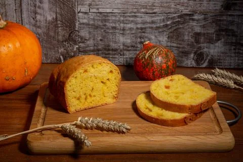 Pumpkin, pumpkin bread, wheat ears Stock Photos