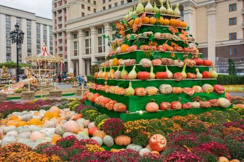 Pumpkin Pyramid in the city, merry-go-round at the Halloween party Stock Photos