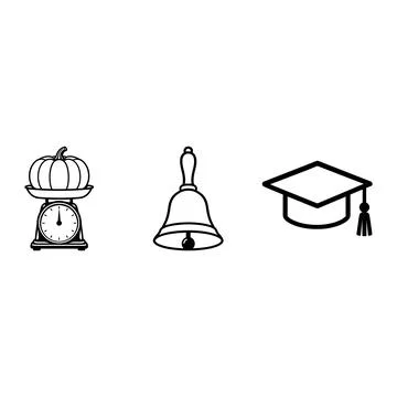 Pumpkin on scale hand bell and graduation cap icons Stock Illustration