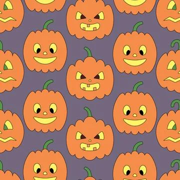 Pumpkin. Scared, smiling and sinister expression. Seamless vector pattern. Illustrazione stock