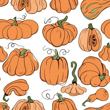 Pumpkin Seamless Pattern Autumn Harvest Vector Sketch Stock Illustration