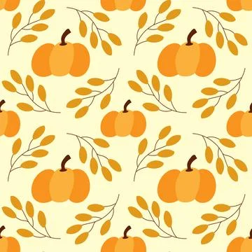 Pumpkin seamless pattern with branches leaves Stock Illustration